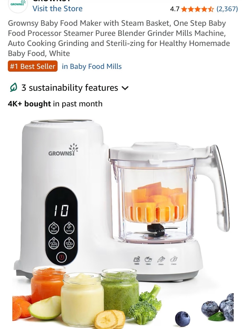 GROWNSY White Baby Food Maker — Steam, Blend & Sterilize- Brand New Never Opened